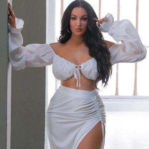 PYT white rushed sleeve tie front crop top